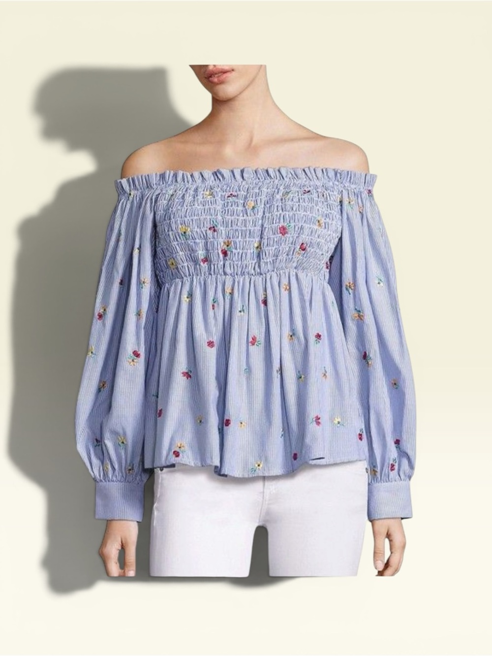 SUNO Light Blue Off-Shoulder Embroidered Smocked Peasant Blouse